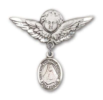 Pin Badge with St. Rose Philippine Charm and Angel with Larger Wings Badge Pin - Silver tone