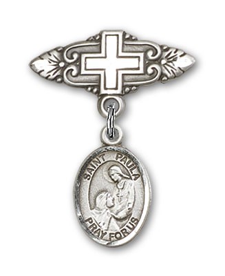 Pin Badge with St. Paula Charm and Badge Pin with Cross - Silver tone