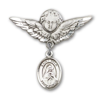 Pin Badge with St. Rita of Cascia Charm and Angel with Larger Wings Badge Pin - Silver tone