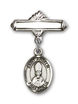 Pin Badge with St. Anselm of Canterbury Charm and Polished Engravable Badge Pin - Silver tone