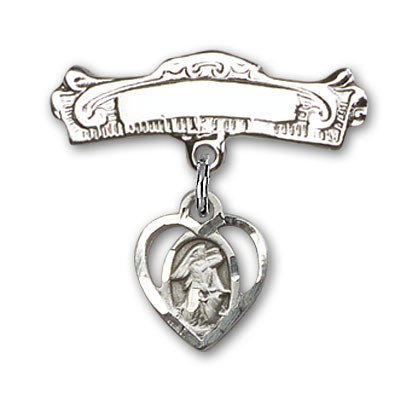 Pin Badge with Guardian Angel Charm and Arched Polished Engravable Badge Pin - Silver tone