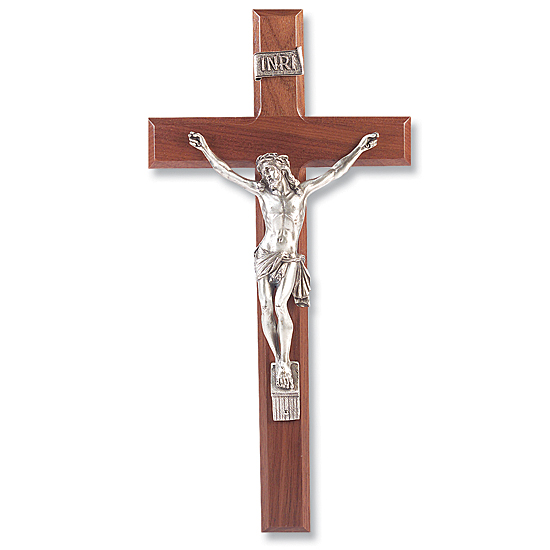 Walnut Finish Walnut Wall Crucifix Silver-tone Corpus - 13 inch - Brown