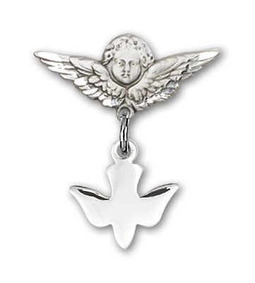 Baby Pin with Holy Spirit Charm and Angel with Smaller Wings Badge Pin - Silver tone