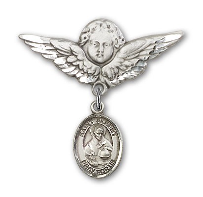 Pin Badge with St. Albert the Great Charm and Angel with Larger Wings Badge Pin - Silver tone