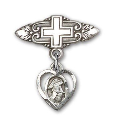 Pin Badge with Guardian Angel Charm and Badge Pin with Cross - Silver tone