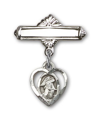 Pin Badge with Guardian Angel Charm and Polished Engravable Badge Pin - Silver tone