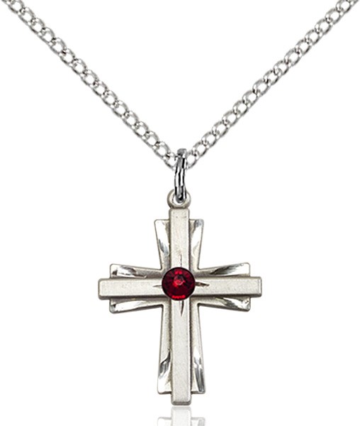 Youth Etched Cross Pendant with Birthstone Options - Garnet