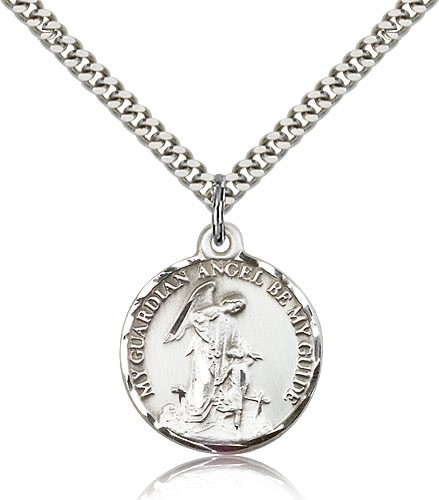 Round Guardian Angel Be My Guide Medal - Sterling Silver