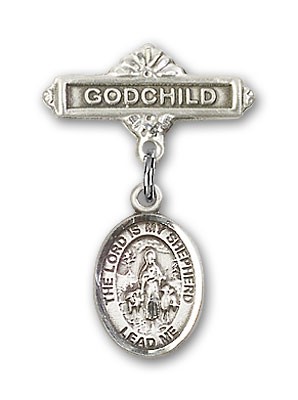 Baby Badge with Lord Is My Shepherd Charm and Godchild Badge Pin - Silver tone