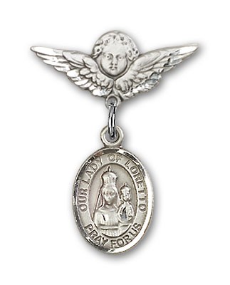 Pin Badge with Our Lady of Loretto Charm and Angel with Smaller Wings Badge Pin - Silver tone