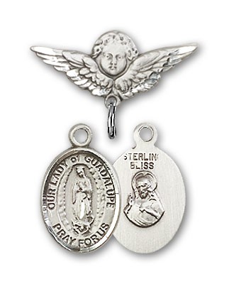 Pin Badge with Our Lady of Guadalupe Charm and Angel with Smaller Wings Badge Pin - Silver tone