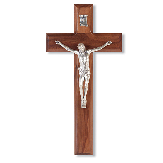 Genuine Pewter Corpus and Walnut Wall Crucifix - 10 inch - Brown