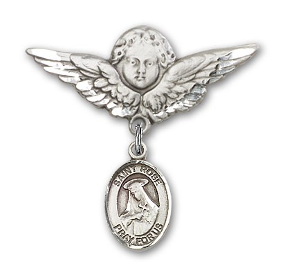 Pin Badge with St. Rose of Lima Charm and Angel with Larger Wings Badge Pin - Silver tone