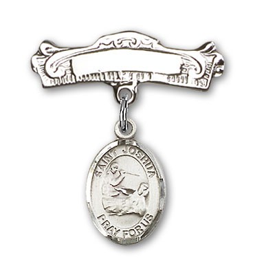 Pin Badge with St. Joshua Charm and Arched Polished Engravable Badge Pin - Silver tone