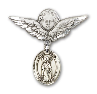 Pin Badge with St. Ronan Charm and Angel with Larger Wings Badge Pin - Silver tone
