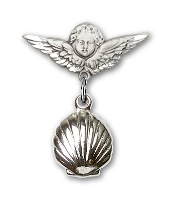 Baby Pin with Shell Charm and Angel with Smaller Wings Badge Pin - Silver tone