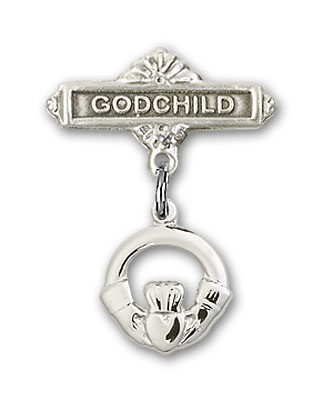 Baby Badge with Claddagh Charm and Godchild Badge Pin - Silver tone