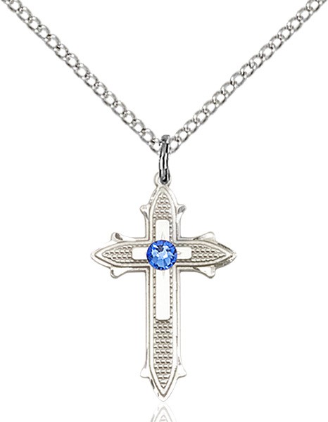 Polished and Textured Cross Pendant with Birthstone Options - Sapphire