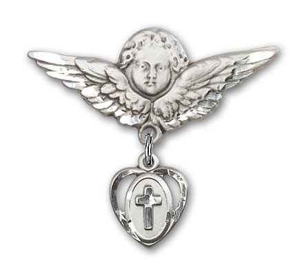 Pin Badge with Cross Charm and Angel with Larger Wings Badge Pin - Silver tone