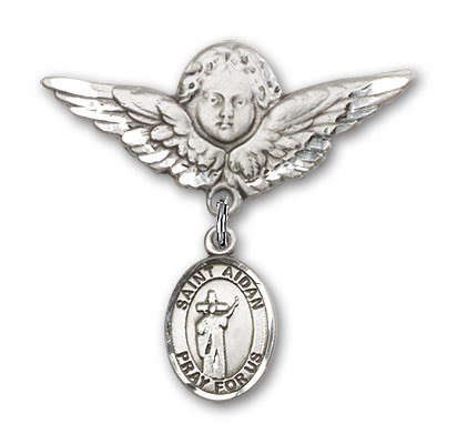 Pin Badge with St. Aidan of Lindesfarne Charm and Angel with Larger Wings Badge Pin - Silver tone
