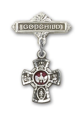 Baby Badge with Red 5-Way Charm and Godchild Badge Pin - Silver | Red