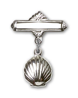 Baby Pin with Shell Charm and Polished Engravable Badge Pin - Silver tone