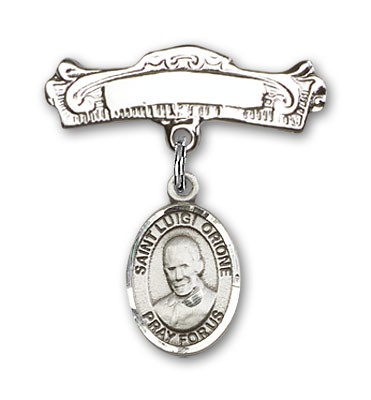 Pin Badge with St. Luigi Orione Charm and Arched Polished Engravable Badge Pin - Silver tone
