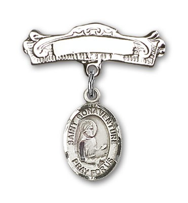 Pin Badge with St. Bonaventure Charm and Arched Polished Engravable Badge Pin - Silver tone