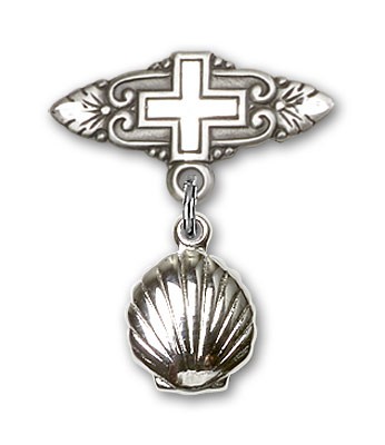 Baby Pin with Shell Charm and Badge Pin with Cross - Silver tone