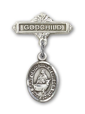 Pin Badge with St. Catherine of Sweden Charm and Godchild Badge Pin - Silver tone