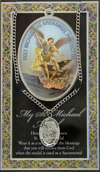 St. Michael  Medal in Pewter with Bi-Fold Prayer Card - Silver tone