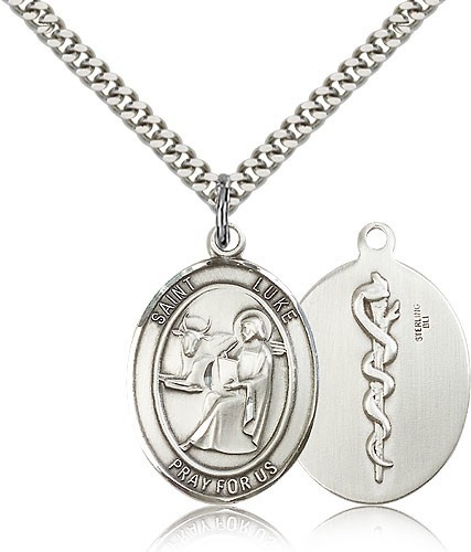 Oval Saint Luke Medal with Medicine Symbol - Sterling Silver