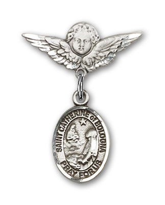 Pin Badge with St. Catherine of Bologna Charm and Angel with Smaller Wings Badge Pin - Silver tone