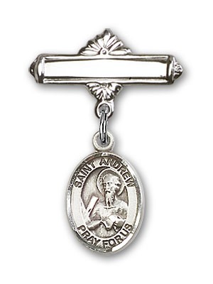 Pin Badge with St. Andrew the Apostle Charm and Polished Engravable Badge Pin - Silver tone