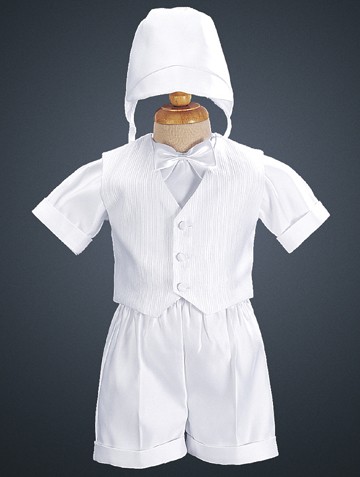 Satin Boy's Baptism Vest &amp; Shorts with Hat - White