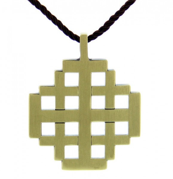 Jerusalem Cross Pendant with Brown Cord - Bronze