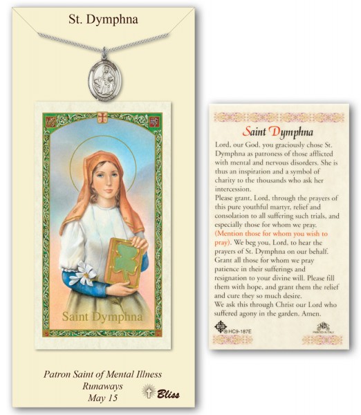 St. Dymphna Medal in Pewter with Prayer Card - Silver tone