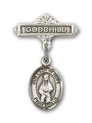 Baby Badge with Our Lady of Hope Charm and Godchild Badge Pin - Silver tone