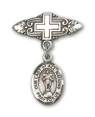 Pin Badge with Our Lady of All Nations Charm and Badge Pin with Cross - Silver tone
