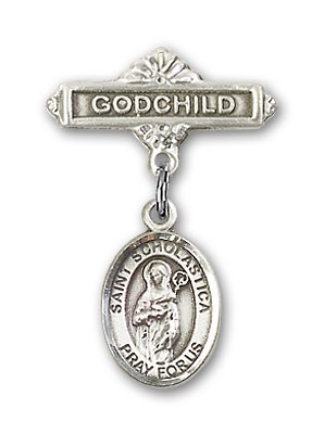 Pin Badge with St. Scholastica Charm and Godchild Badge Pin - Silver tone