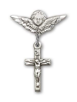 Pin Badge with Crucifix Charm and Angel with Smaller Wings Badge Pin - Silver tone