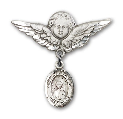 Pin Badge with Our Lady of la Vang Charm and Angel with Larger Wings Badge Pin - Silver tone