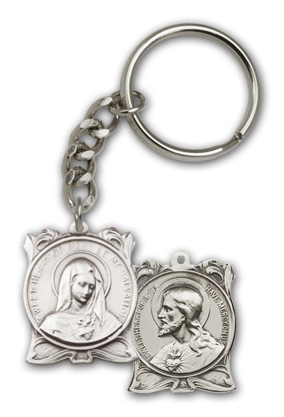 Immaculate Heart of Mary and Sacred Heart of Jesus Keychain - Antique Silver