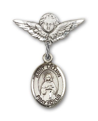 Pin Badge with St. Lillian Charm and Angel with Smaller Wings Badge Pin - Silver tone