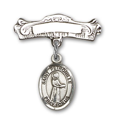Pin Badge with St. Petronille Charm and Arched Polished Engravable Badge Pin - Silver tone