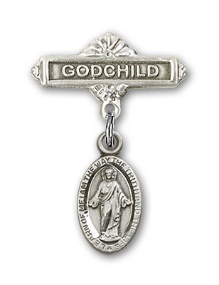 Baby Badge with Scapular Charm and Godchild Badge Pin - Silver tone