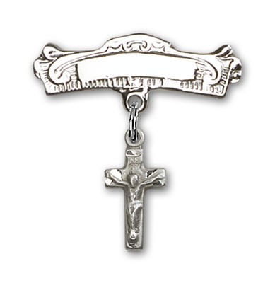 Pin Badge with Crucifix Charm and Arched Polished Engravable Badge Pin - Silver tone