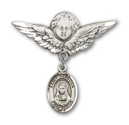 Pin Badge with St. Rebecca Charm and Angel with Larger Wings Badge Pin - Silver tone
