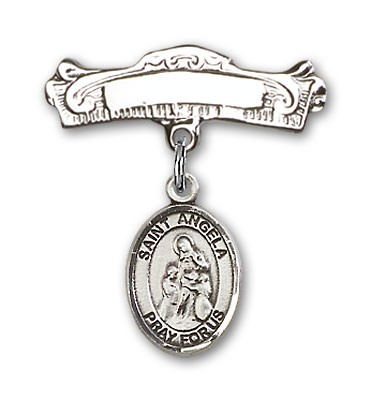 Pin Badge with St. Angela Merici Charm and Arched Polished Engravable Badge Pin - Silver tone