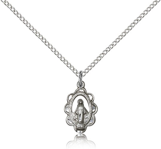 Open-Cut Miraculous Medal Necklace with Scalloped Border - Sterling Silver